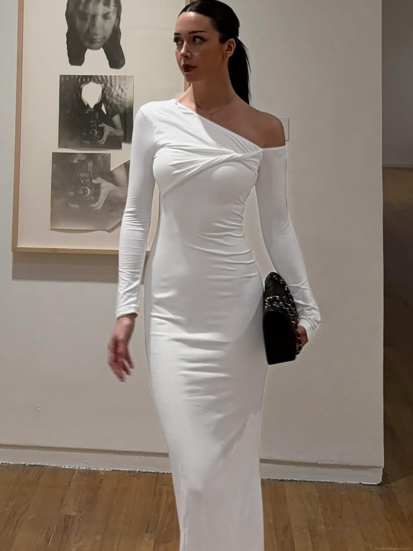 Women's Sexy One Shoulder Maxi Dress Long Sleeve Twist Knot Ruched Elegant Evening Party Bodycon Dress Polyester Spandex Solid Color Slim Fit Long Gown