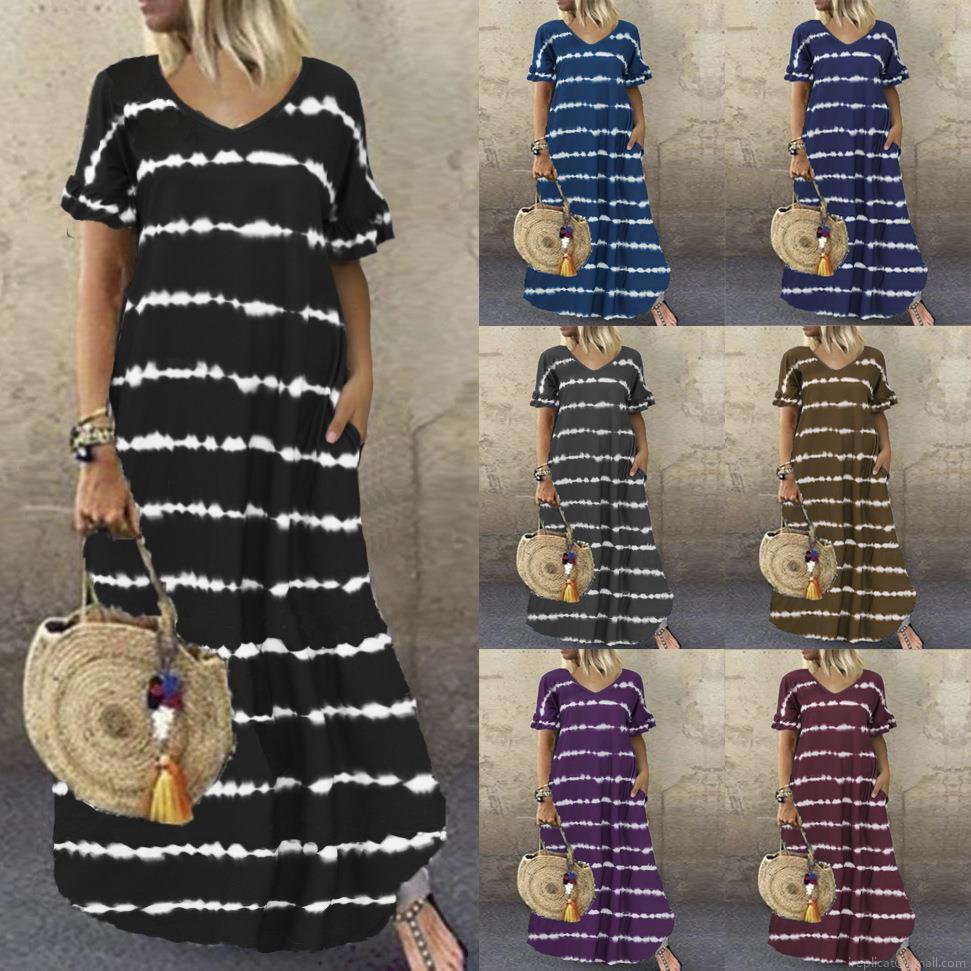 Women Summer V Neck Tie Dye Stripe Maxi Dress Casual Short Ruffle Sleeve Loose Straight Long Dress With Pockets Cotton Polyester Plus Size Vacation Vestidos