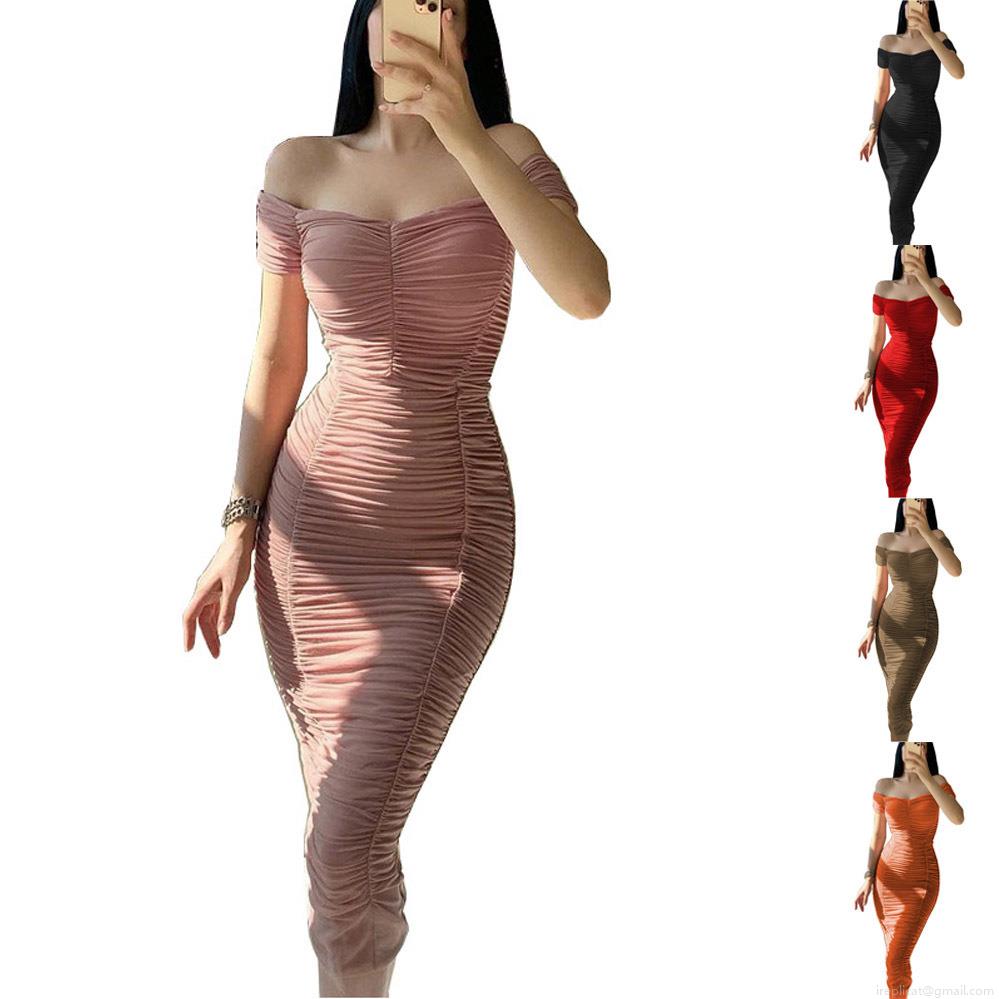Women's Elegant Polyester Spandex Off Shoulder Ruched Bodycon Maxi Dress Solid Color High Waist Sleeveless Pleated Long Dress For Party Evening Clubwear