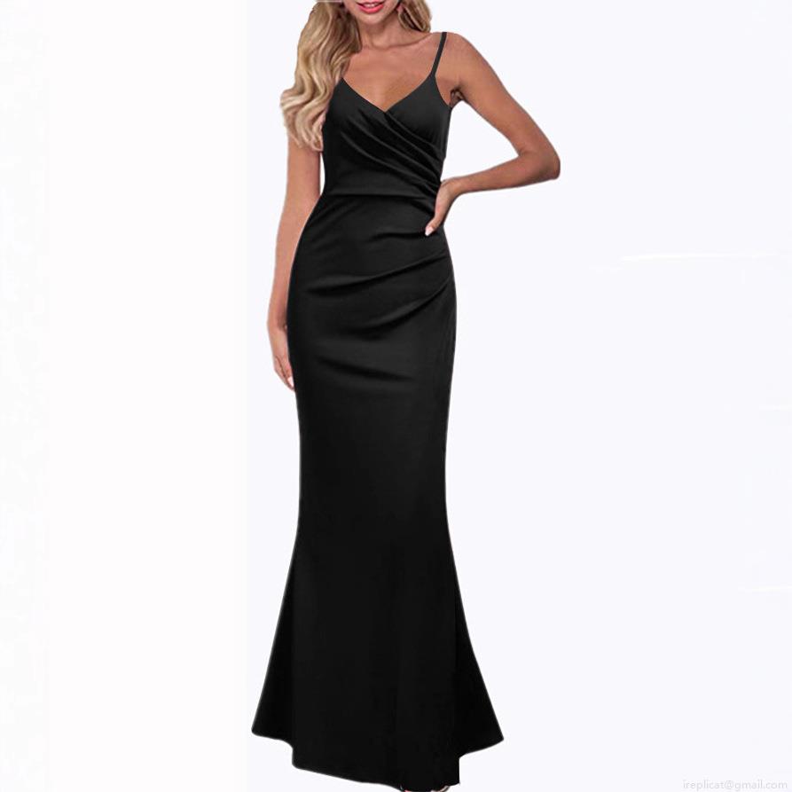 Women's Elegant V-Neck Spaghetti Strap Satin Maxi Dress Slim Fit Side Ruched Mermaid Hem Evening Party Gown For Wedding Anniversary Prom