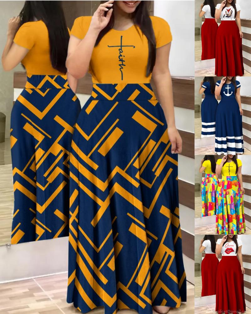 Women's Summer Casual 2 Piece Set Geometric Print Short Sleeve T-Shirt And High Waist Maxi Skirt A-Line Dress Bohemian Outfits Women Clothing