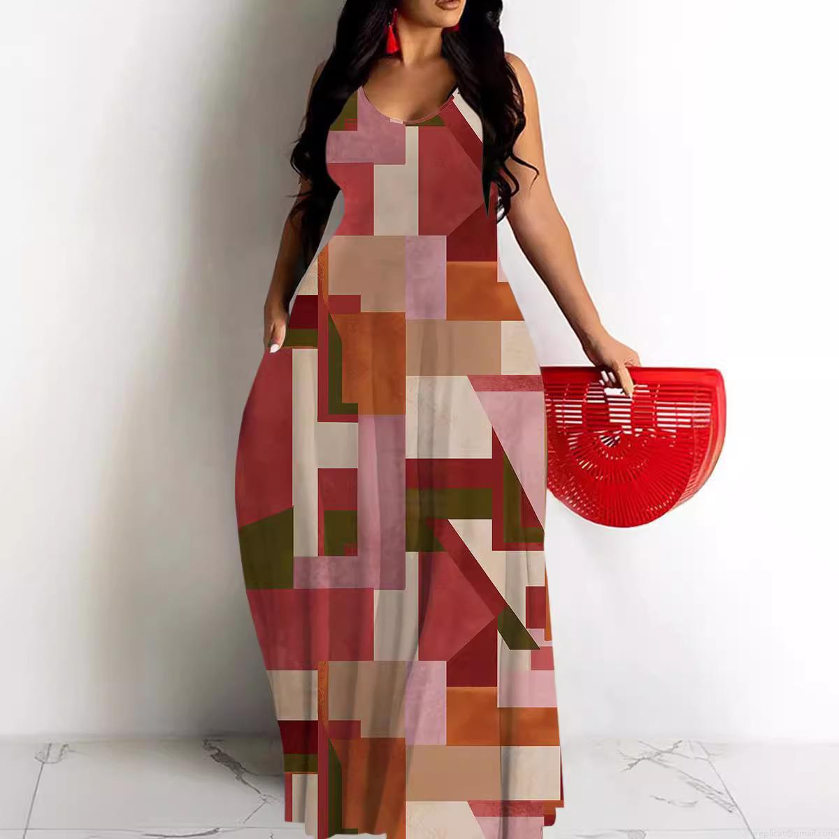 Women's Sexy Deep V Neck Sleeveless Maxi Dress With Pockets Boho Printed A-Line Long Sundress Polyester Spandex Vacation Beach Dress For Lady