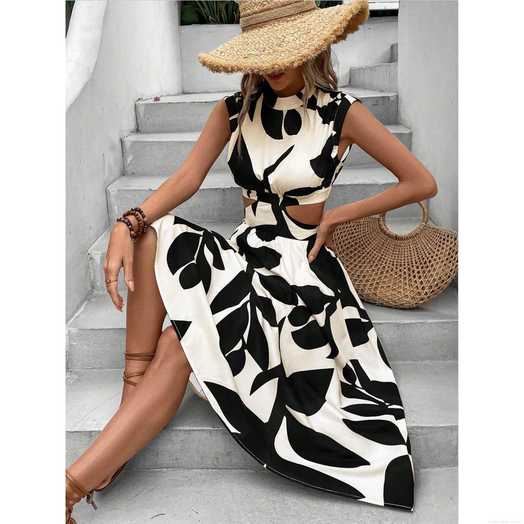 Women's Summer Tropical Leaf Print Sleeveless Maxi Dress O-Neck High Waist Cutout A-Line Bohemian Vacation Long Dress Polyester Spandex
