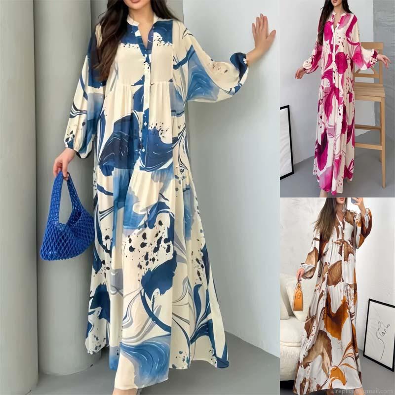 Women Bohemian Abstract Print V Neck Long Sleeve Button Front Loose Fit Maxi Dress Lightweight Polyester Spandex Vacation Casual Elegant A Line Dress