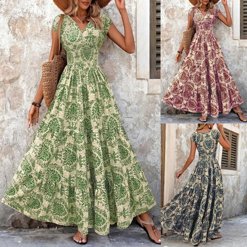 Women's Vintage Bohemian Floral Print Maxi Dress Elegant V-Neck Short Sleeve High Waist A-Line Long Dress For Summer Vacation Beach Party Plus Size