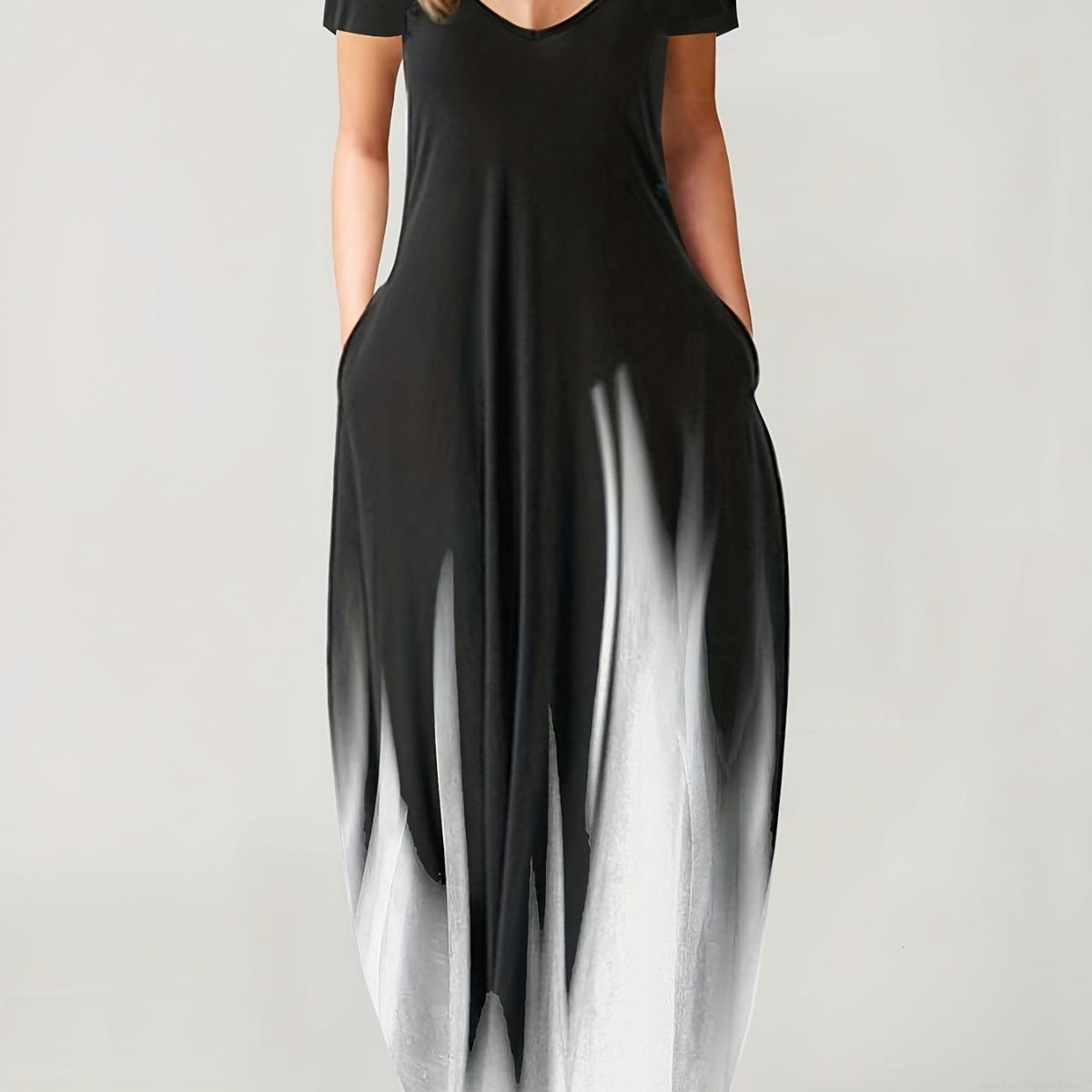 Women Plus Size Maxi Dress Polyester Spandex Gradient Flame Print Deep V Neck Short Sleeve Casual Long Dress With Pockets Loose Fit Summer Beach Wear