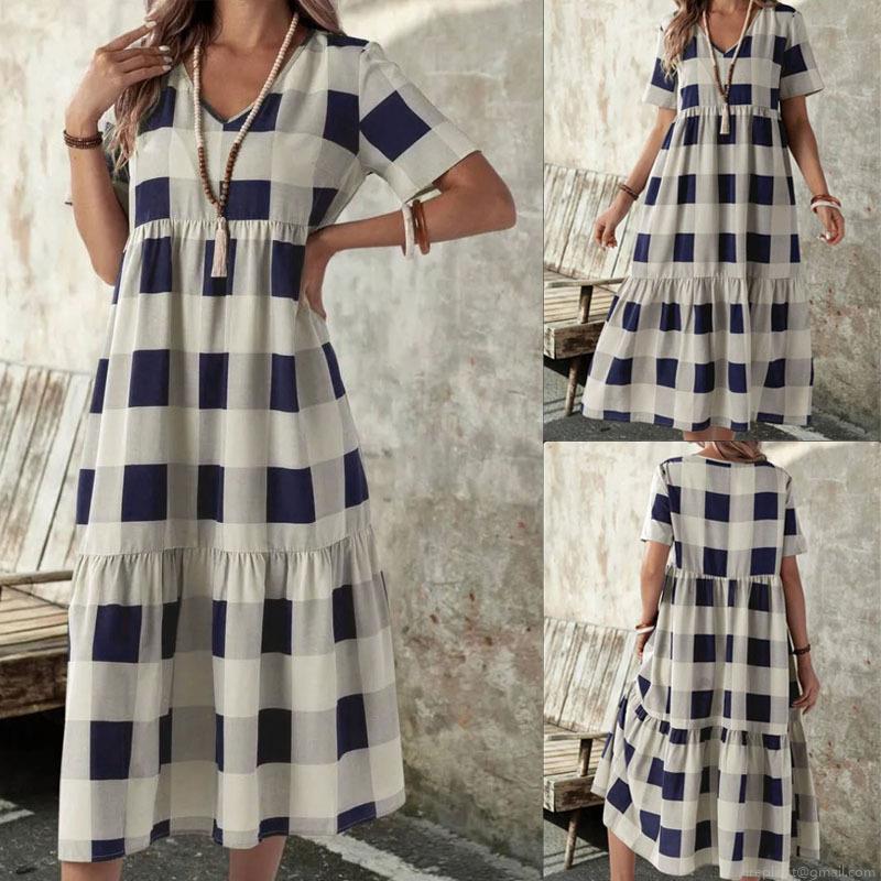 Women's Casual Plaid V Neck Short Sleeve Maxi Dress Polyester Spandex Tiered Gingham Long Dress For Summer Beach Vacation