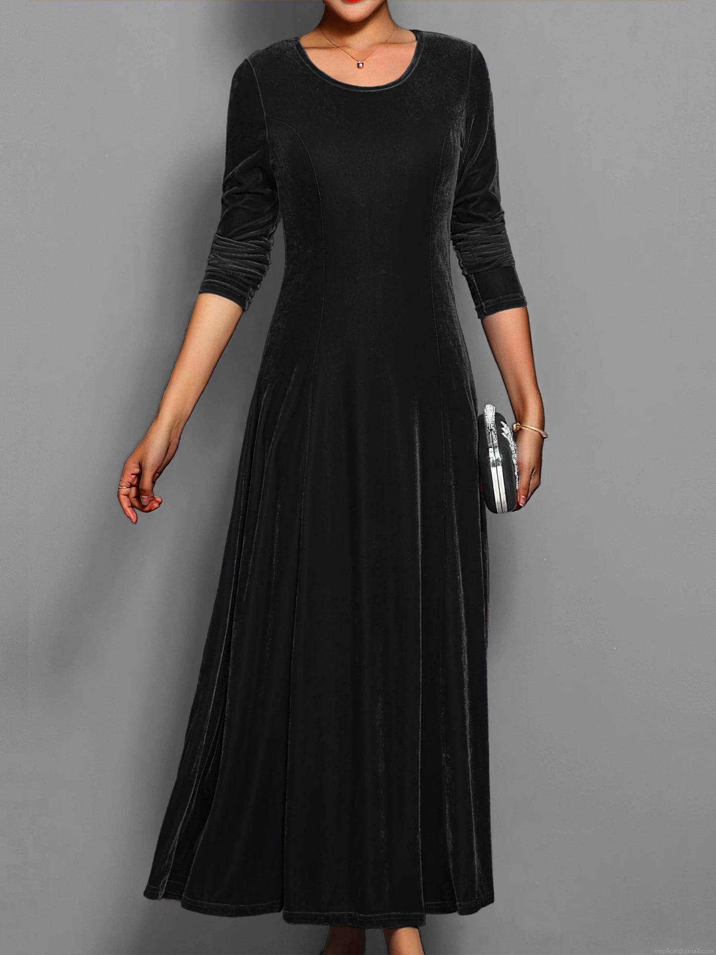 Women Elegant Solid Color Velvet Maxi Dress Retro Round Neck Long Sleeve Slim Fit A-Line Long Dress For Party Dating Casual Wear