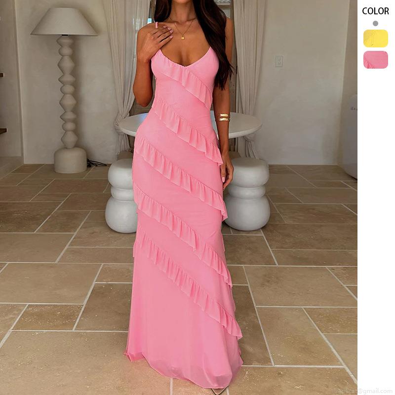 Women Sexy Backless Maxi Dress Ruffled V Neck Camisole Slim Fit Side Slit Long Dress For Summer Beach Party Vacation Clubwear