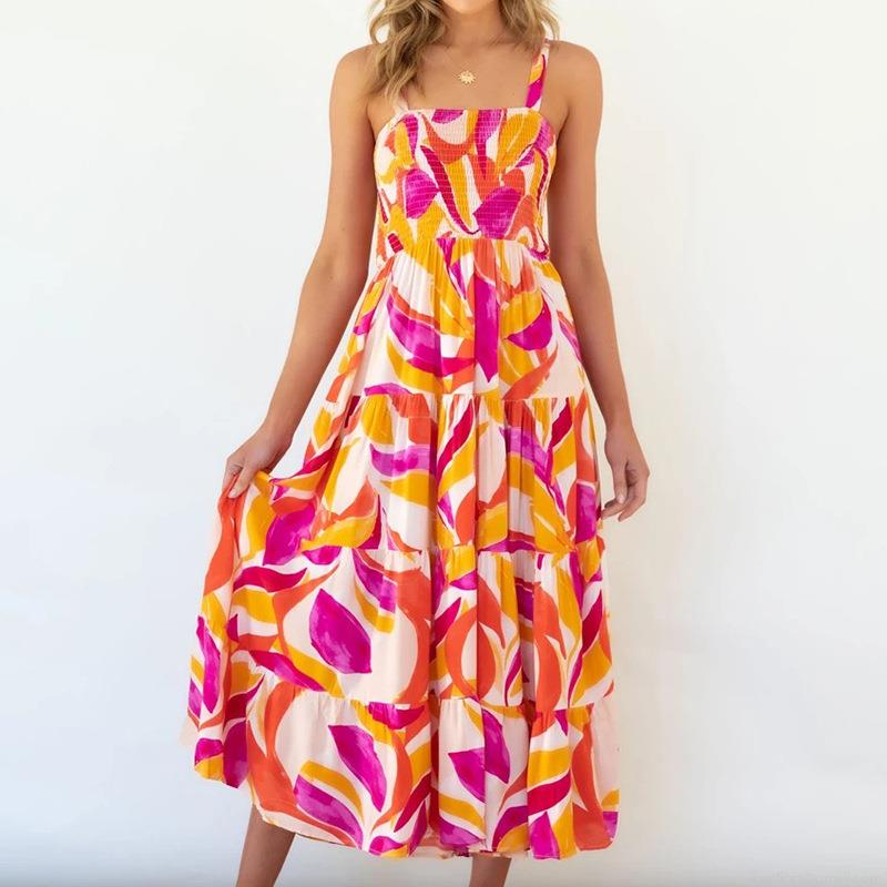 Women's Summer Floral Print Tiered Maxi Dress 100% Polyester Spaghetti Strap Smocked Backless Bohemian Tropical Beach Sundress for Ladies Vacation