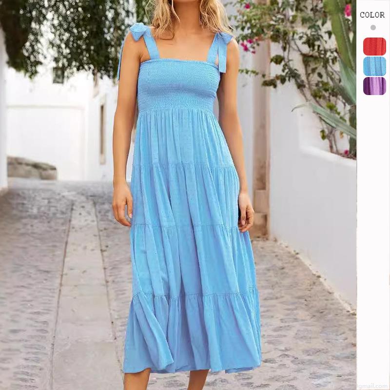 Women's Sexy Backless Smocked Tiered Maxi Dress With Adjustable Tie Shoulder Straps Swiss Dot Summer Beach Vacation Bohemian Layered Dress