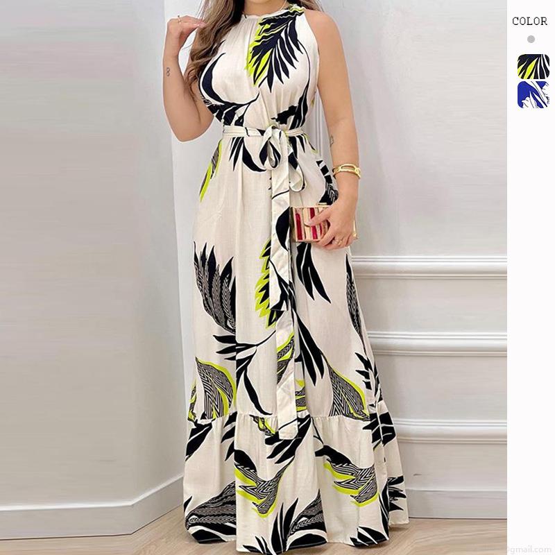 Women's Summer Halter Neck Maxi Dress Floral Print Ruffle Hem Sleeveless Backless Tie Waist Beach Vacation Long Sundress