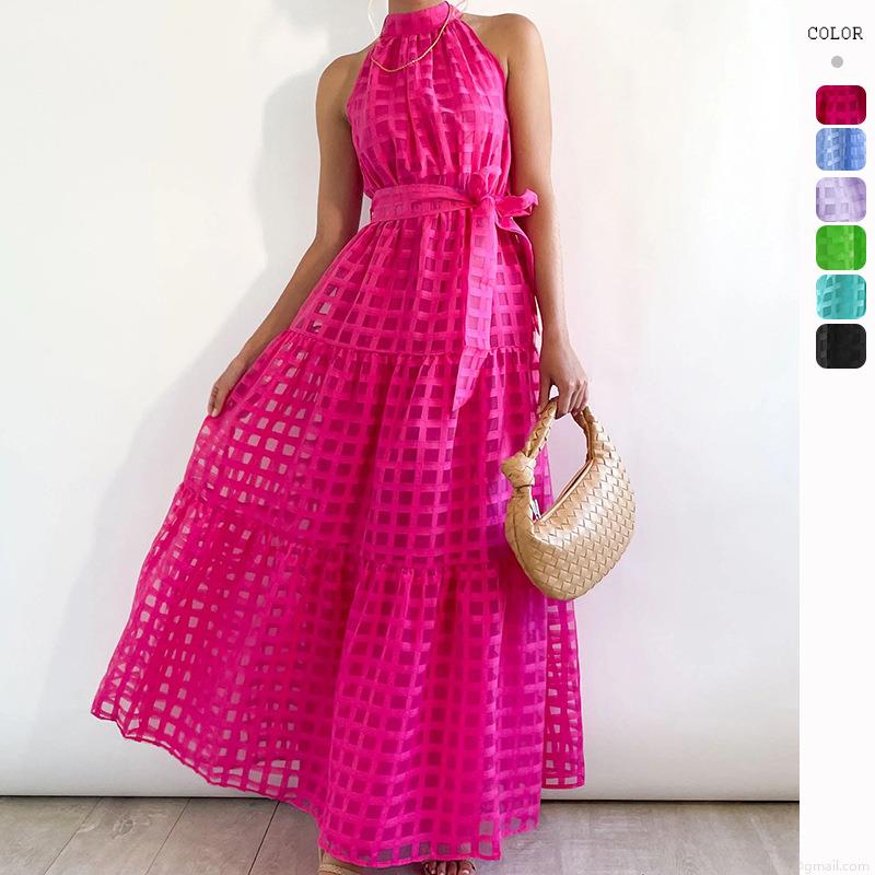 Halter Neck Tiered Maxi Dress Polyester Checkered Sleeveless Long Dress With Belt Summer Elegant Casual Party Apparel For Women