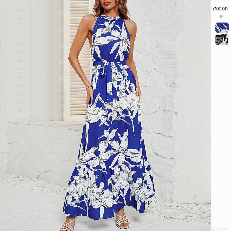 Women Halter Neck Maxi Dress Boho Tropical Leaf Floral Print Backless Sleeveless Long Sundress With Waist Tie For Beach Holiday Vacation Party