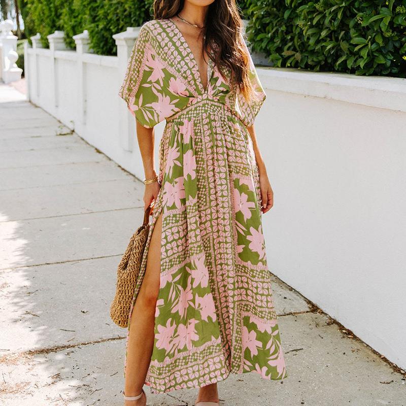 Women Bohemian Floral Print Maxi Dress Deep V-Neck Batwing Sleeve High Slit Summer Vacation Long Dress Breathable Polyester Sundress For Beach Party