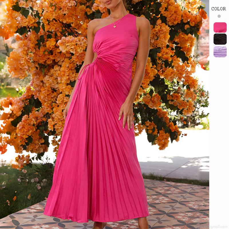 Women's One Shoulder Cut Out Pleated Maxi Dress Sexy Ruched High Waist Polyester Elegant Long Dress for Summer Party Wedding Vacation