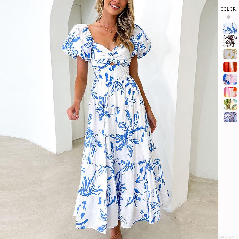 Elegant Women Floral Print Maxi Dress Puff Sleeve V-Neck Cutout Waist Tiered Bohemian Vacation Party Long Dress Polyester Fabric