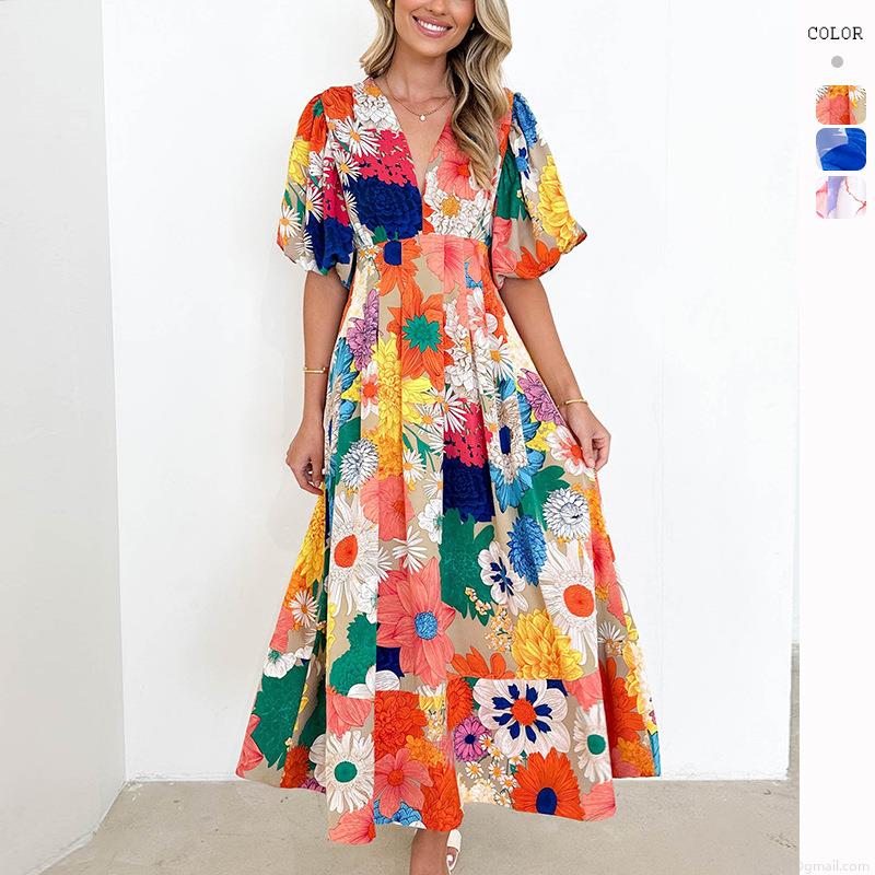 Women Elegant Floral Print Maxi Dress Polyester V-Neck Bubble Short Sleeve High Waist A-Line Summer Vacation Long Dress For Lady