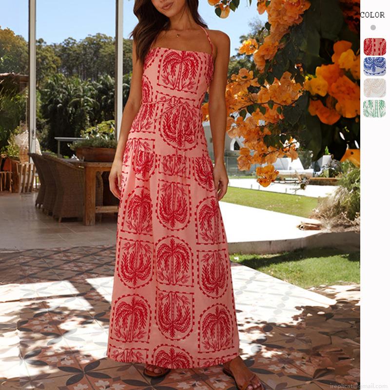 Women's Halter Neck Maxi Dress Tropical Palm Tree Print Backless A-Line Long Dress For Summer Beach Vacation Sexy Sleeveless Holiday Party Sun Dress