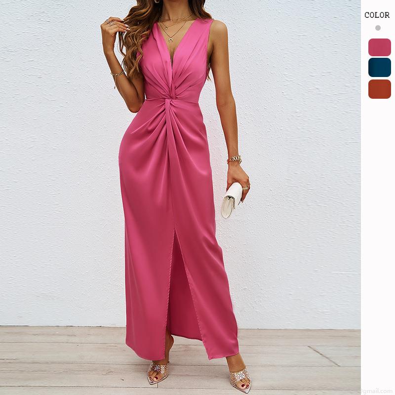 Women's Elegant Satin Sleeveless V Neck Maxi Dress With Twist Front And Side Slit Solid Color Slim Fit Evening Party Long Dress