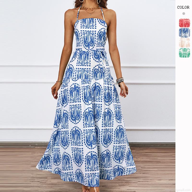 Women Vacation Halter Maxi Dress 100% Polyester Tropical Palm Tree Print Backless Tiered A-line Beach Sun Dress For Summer Holiday