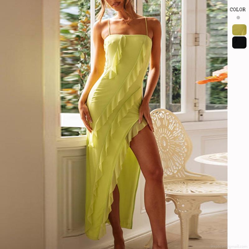 Women Sexy Backless Sling Maxi Dress Elegant Ruffle High Slit Bodycon Long Dress Solid Color Polyester Summer Evening Party Vacation Clubwear For Women