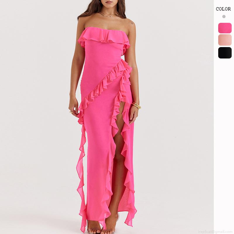 Women's Sexy Strapless Maxi Dress Elegant Polyester Ruffle High Slit Party Evening Long Dress Solid Color Off-Shoulder Slim Fit Bodycon Dress For Summer Beach Vacation