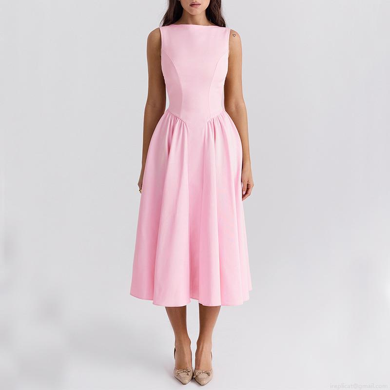 Elegant Pink Sleeveless Backless Maxi Dress For Women High Waist Solid Color A-line Evening Party Summer Dress Polyester Fabric