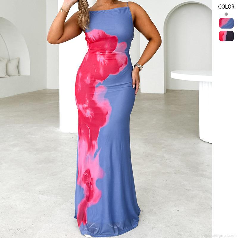 Women's Sexy Spaghetti Strap Maxi Dress Contrast Floral Print Slim Fit Backless Cutout Long Dress Summer Beach Vacation Streetwear