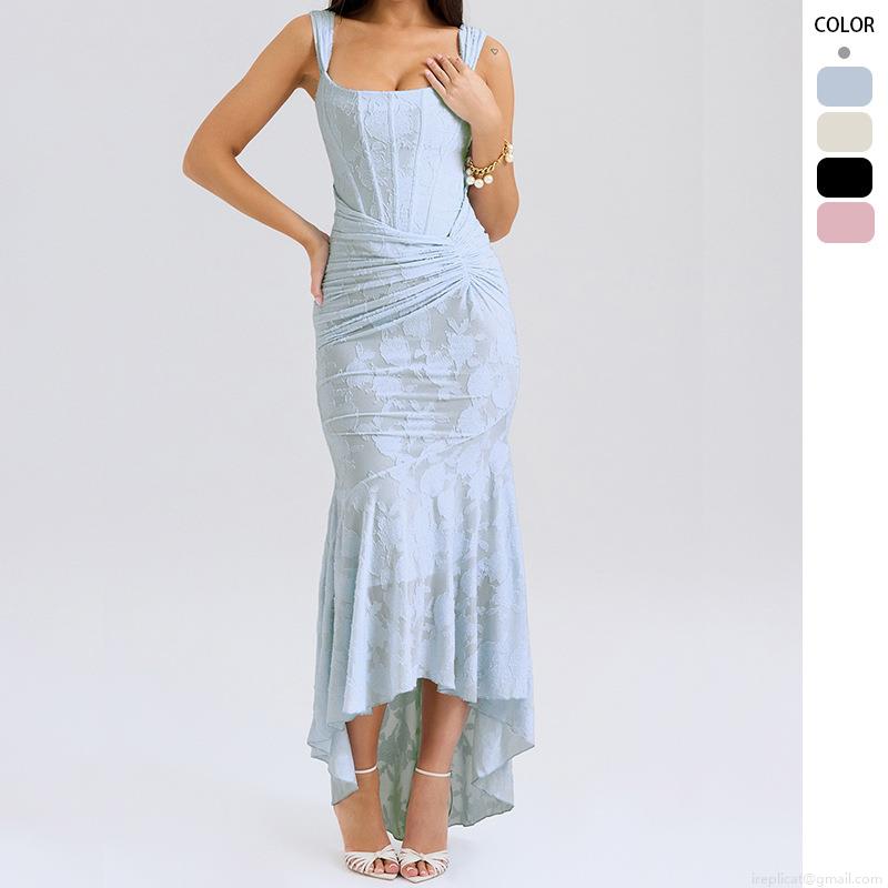 Women's Sexy Off-Shoulder Lace Jacquard Maxi Dress With Corset Boning Ruched Backless Fishtail Mermaid Evening Party Wedding Gown