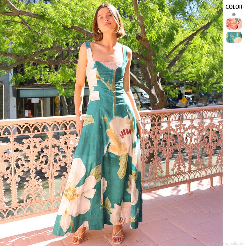 Women's French Vintage Floral Print Maxi Dress Polyester Square Neck Sleeveless High Waist Summer Beach Vacation Long Dress for Women