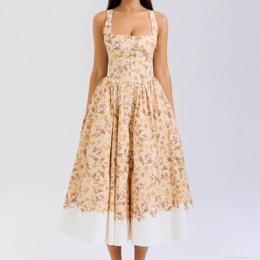 Vintage French Floral Maxi Dress For Women Square Neck Button Front Sleeveless A-Line Long Dress Sexy Summer Vacation Patchwork Hem Sundress