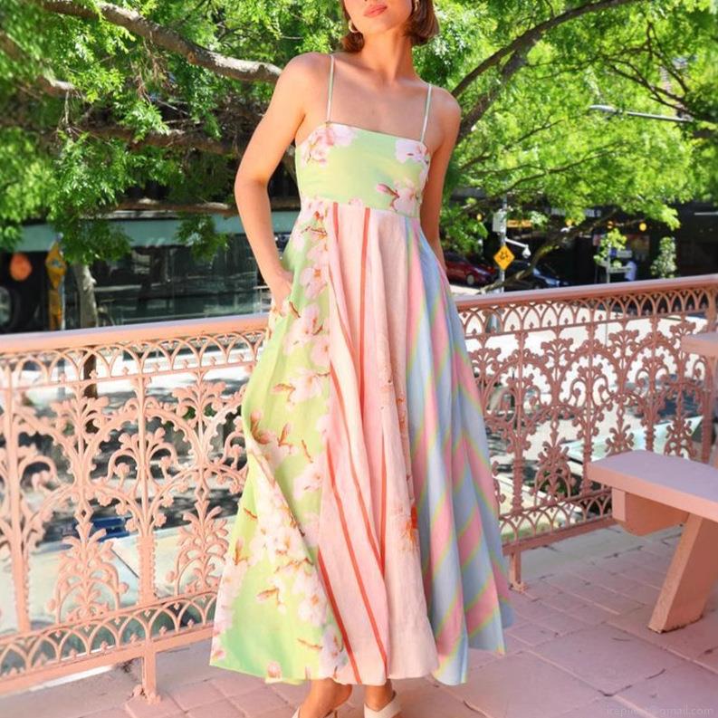 Women Sexy Spaghetti Strap Patchwork Floral Maxi Dress Elegant Backless Print Flare Long Sundress Summer Vacation Party Dress with Pockets