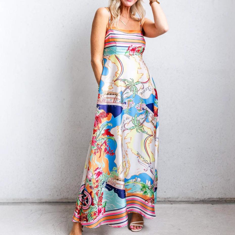 Women's Summer Maxi Dress Spaghetti Strap Backless Smocked High Waist Oceania Map Floral Print Bohemian Sexy Satin-like Beach Holiday Long Dress