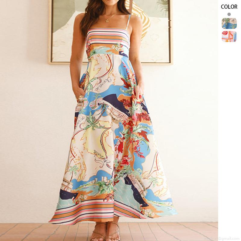 Women's Summer Vacation Map Tropical Print Maxi Dress Polyester Camisole A-Line Backless Long Sundress With Pockets For Beach Party