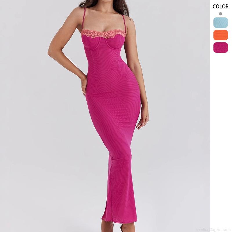 Women Sexy Lace Trim Maxi Dress Polyester Lace Up Backless Split Bodycon Long Dress For Summer Vacation Beach Party Night Out Dress