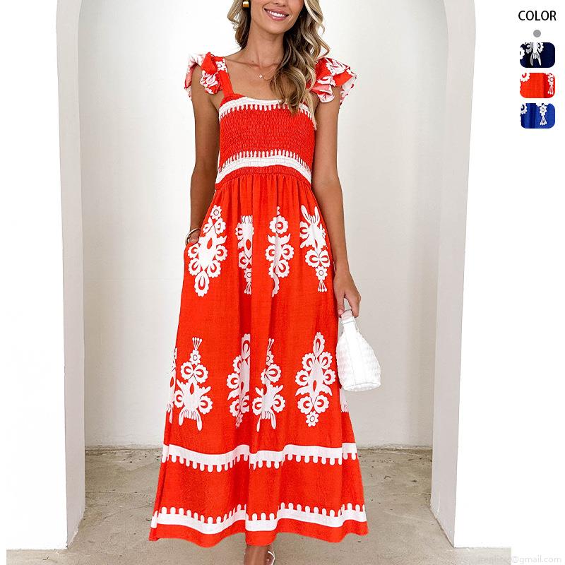 Women's Bohemian Maxi Dress Smocked Square Neck Ruffle Sleeve Floral Print Summer Beach Vacation A-Line Long Dress With Pockets