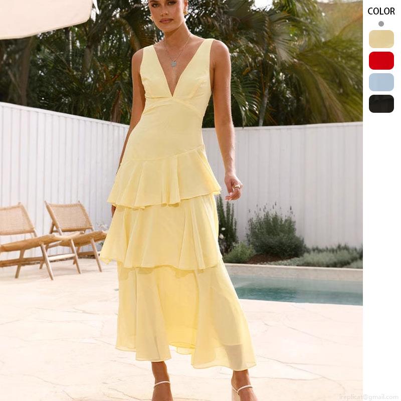 Women's Summer French Style V-Neck Sleeveless Tiered Cake Dress Sexy Backless Cross Tie Maxi Long Dress For Party Vacation Daily Resort Wear