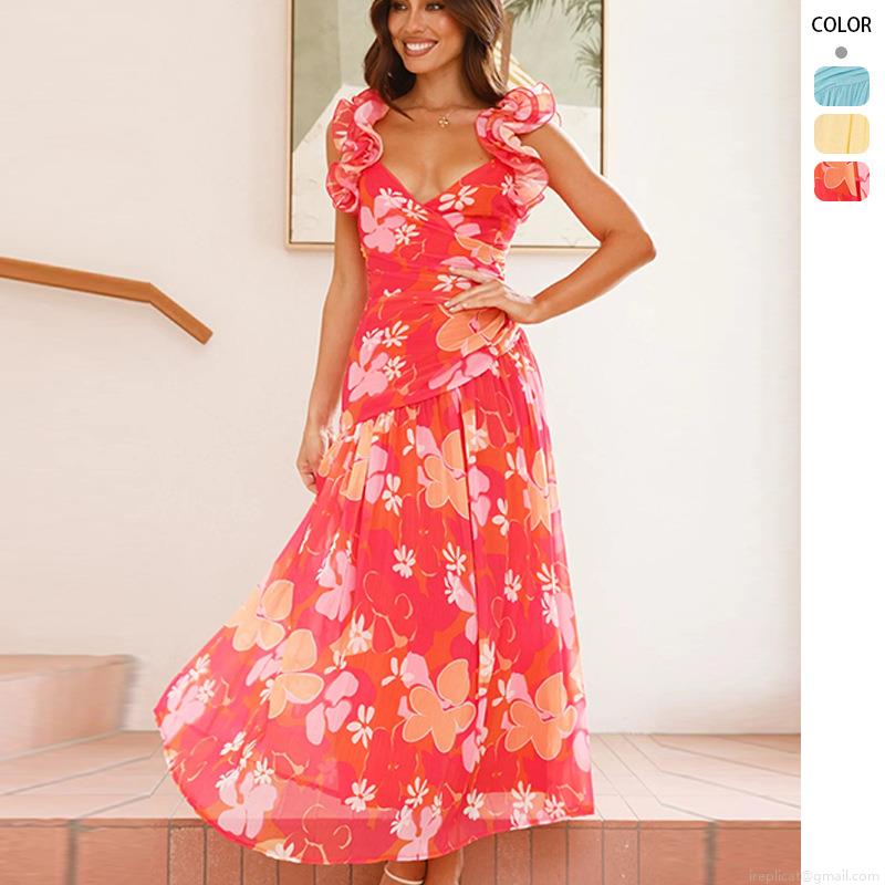 Women Sexy V Neck Maxi Dress Sleeveless Ruffle Shoulder Backless High Waist Slit Pleated Floral Solid Summer Vacation Party Long Dress