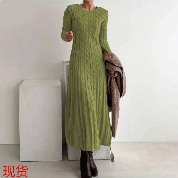 Women's Retro Cable Knit Maxi Dress Long Sleeve Round Neck Slim Fit Knitted Sweater Dress For Autumn Winter Casual Commute Solid Color