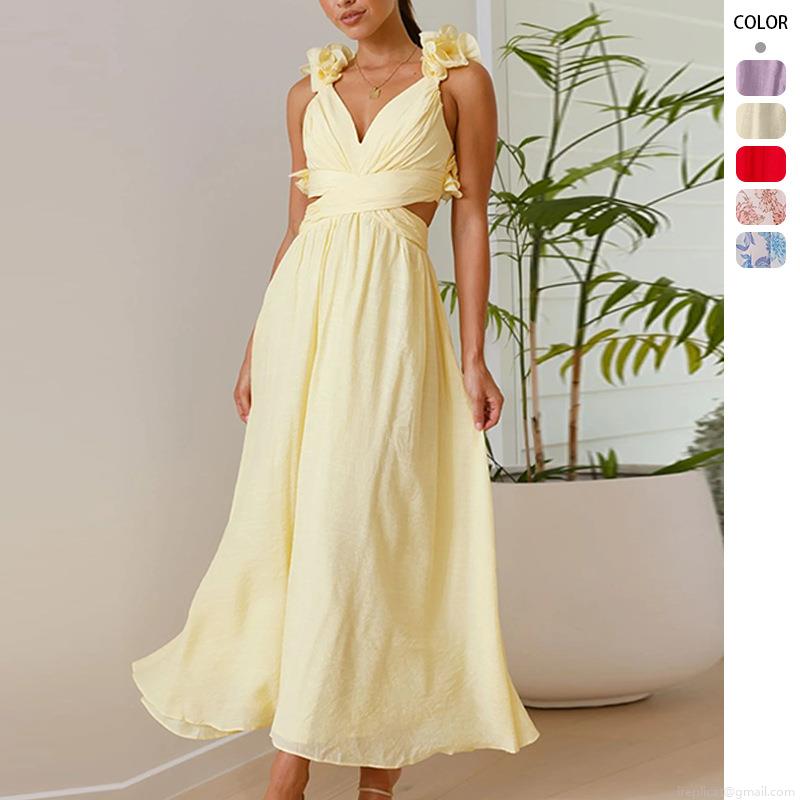 Sexy Backless V Neck Maxi Dress With Ruffles Shoulder Waist Cut Out Chiffon Floral Print Elegant Long Gown For Summer Vacation Beach Party
