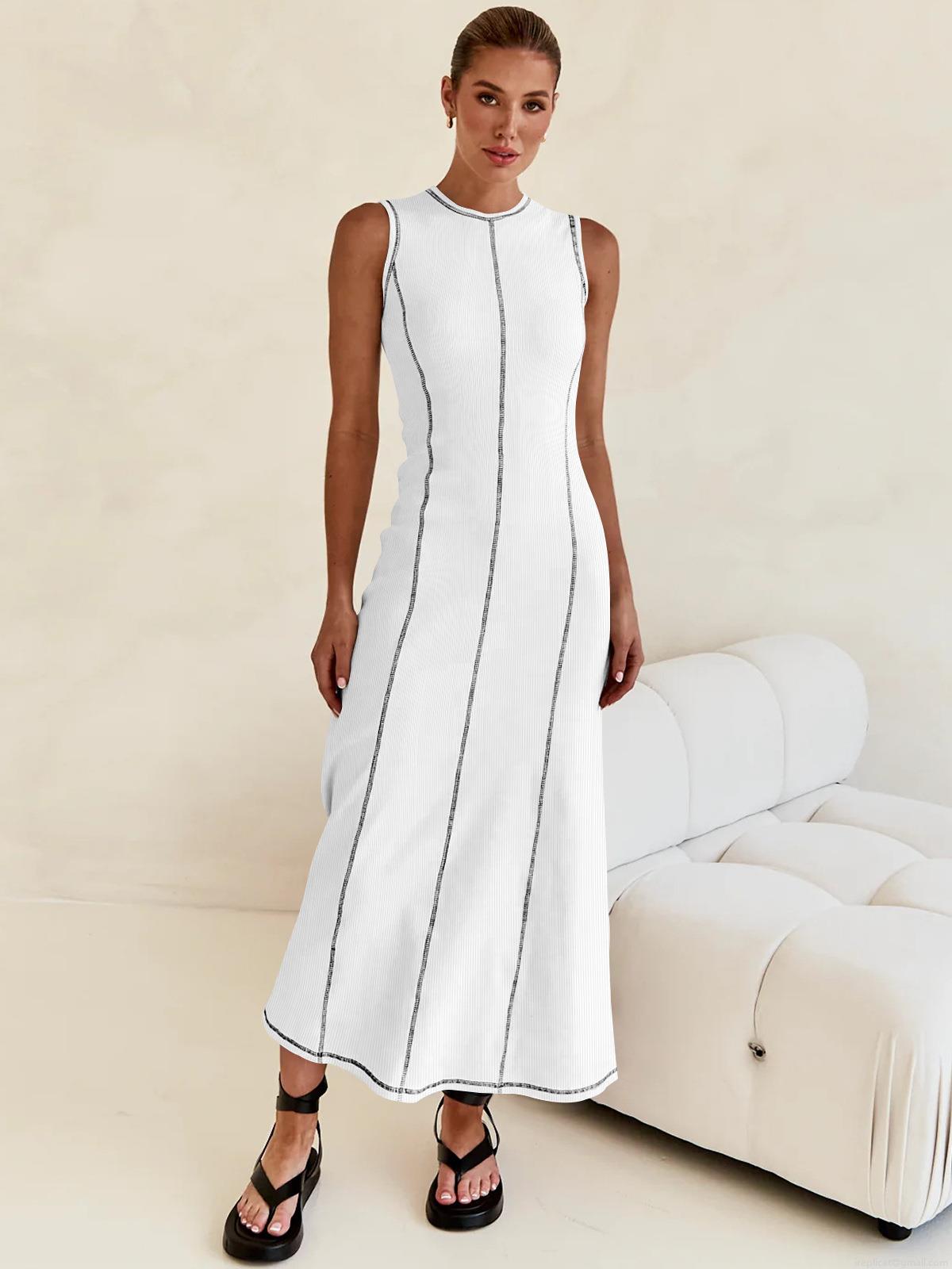 Women's Y2K Contrast Stitching Knit Tank Dress Sleeveless Ribbed Slim Fit Maxi Long Dress For Summer Streetwear Party Casual Fashion Vestidos