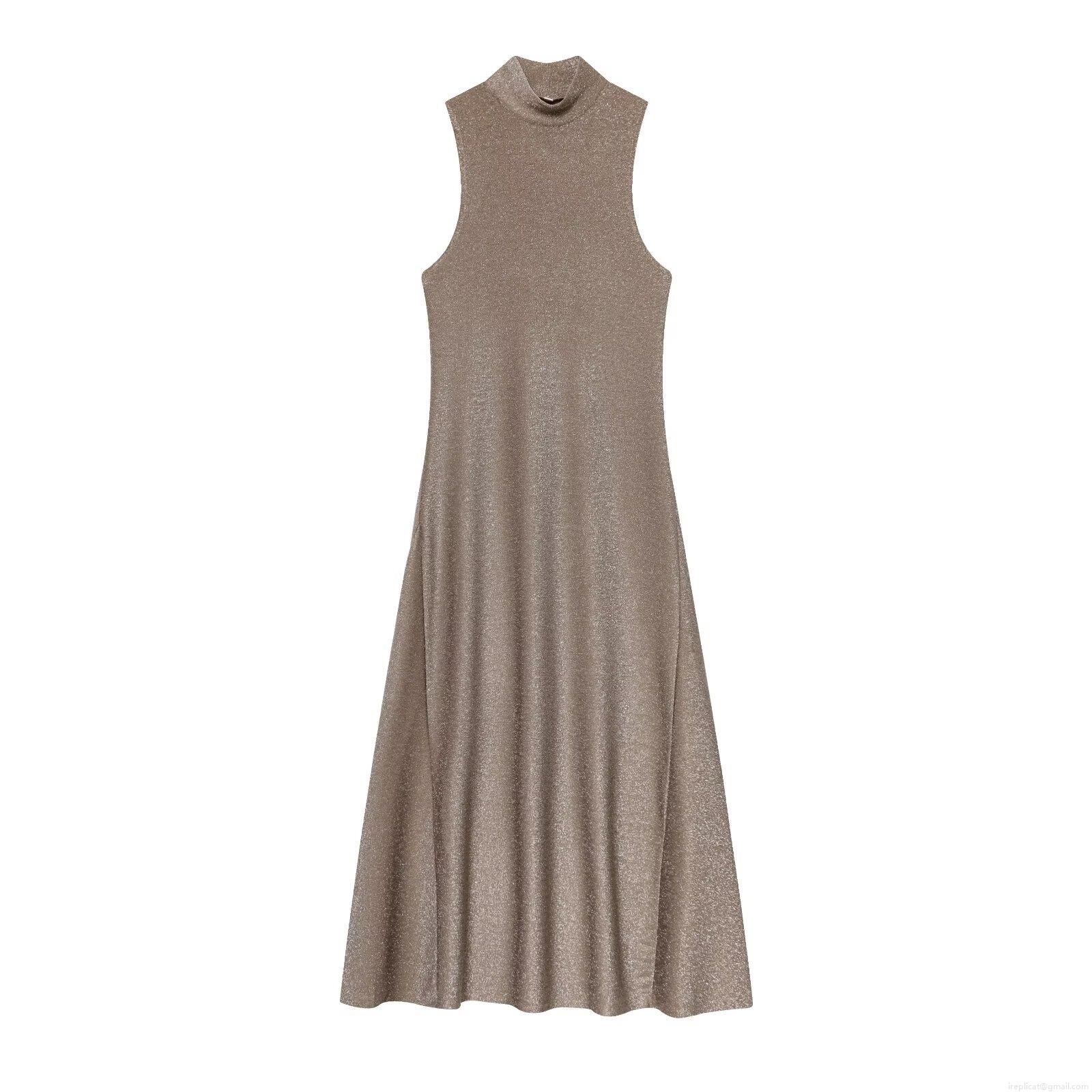 Women's Sexy Metallic Lurex Maxi Dress Elegant Slim Fit Ruched Sleeveless High Neck A-Line Evening Party Gown Bronze Camel