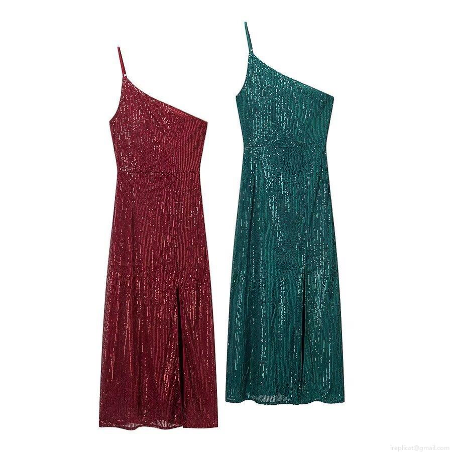 Women Sexy One Shoulder Sequin Maxi Dress Elegant Side Slit Bodycon Glitter Evening Party Gown Sleeveless Sparkly Banquet Dress For Lady