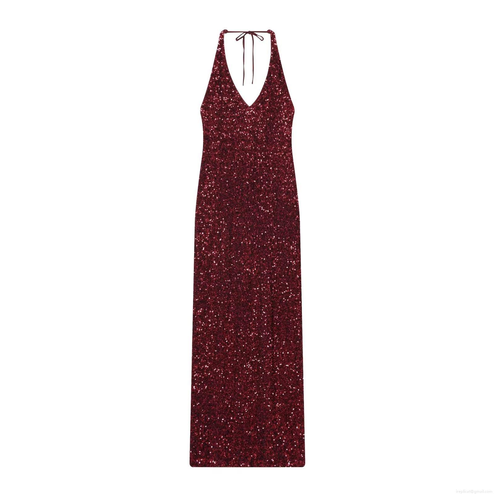 Women's Sexy Deep V-Neck Halter Backless Sequin Maxi Dress Sparkling Wine Red Slim Fit Sleeveless Evening Party Gown For Weddings Prom Gala Elegant Lady Dress