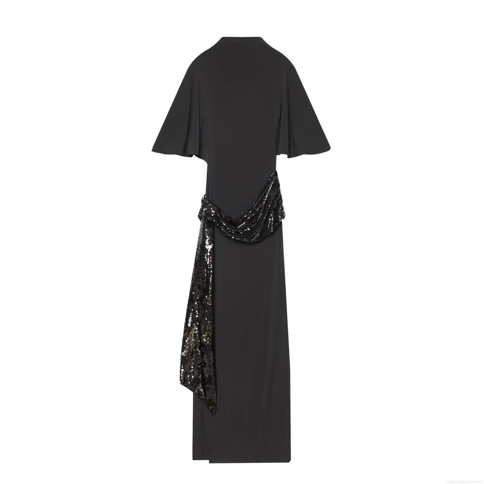 Elegant Sequin Waist Belt Midi Dress Women Fashion Round Neck Twisted Silk Crepe Maxi Dress Slim Fit Evening Gown Cocktail Party Wear Black