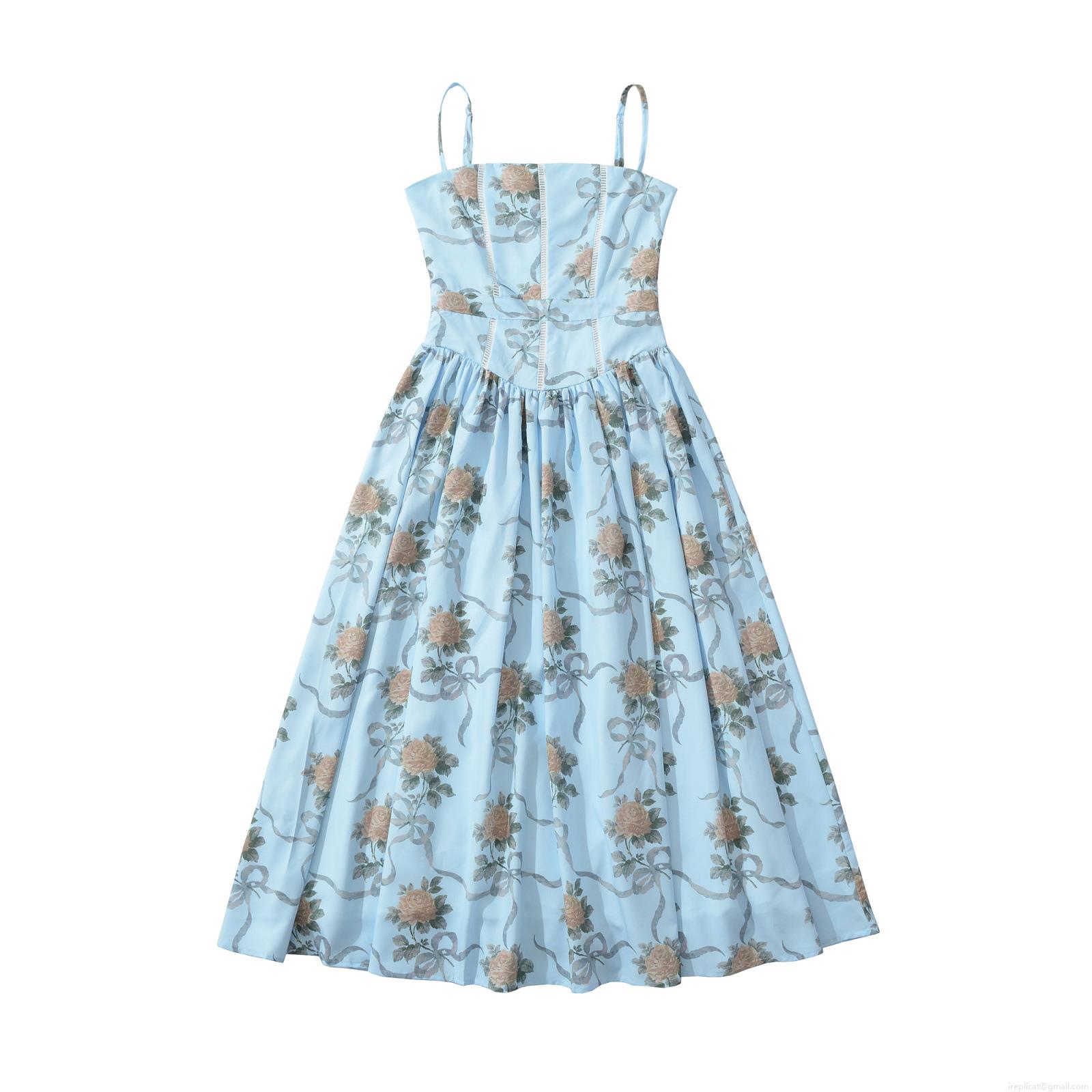 Women Sexy Backless Floral Maxi Dress With Lace Patchwork Light Blue Retro Rose Print Sleeveless Cami A-Line Long Dress For Summer Vacation Daily Wear