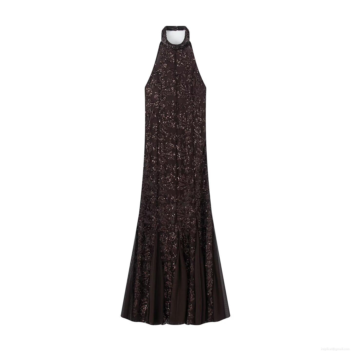 Elegant Women's Halter Neck Sequin Maxi Dress Sexy Backless Slim Fit Mermaid Evening Gown Polyester Mesh Party Banquet Wedding Dress