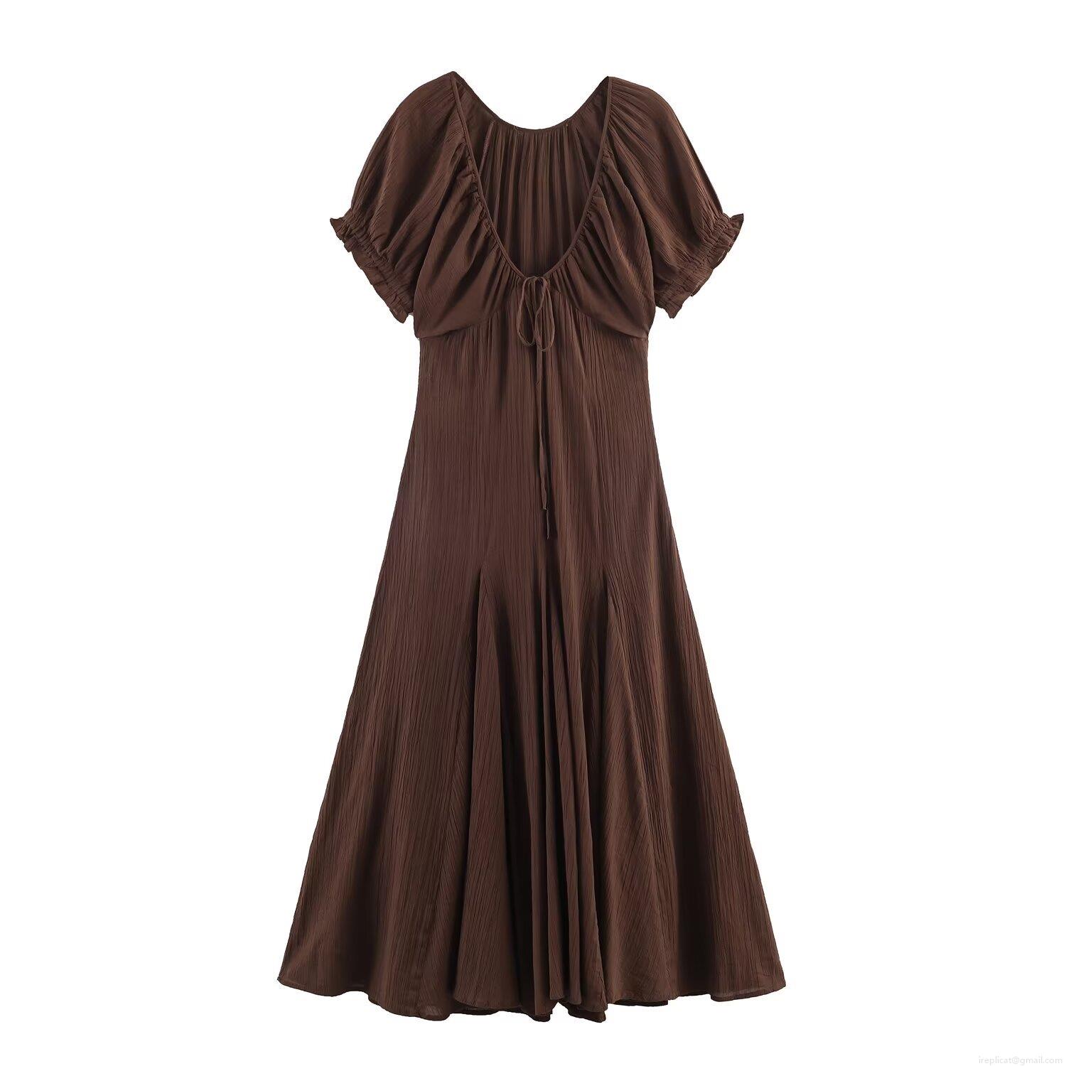 Women's Minimalist V Neck Puff Sleeve Maxi Dress Solid Coffee Brown High Waist A Line Crinkled Texture Elastic Polyester Spandex Long Dress For Summer Spring Fashion