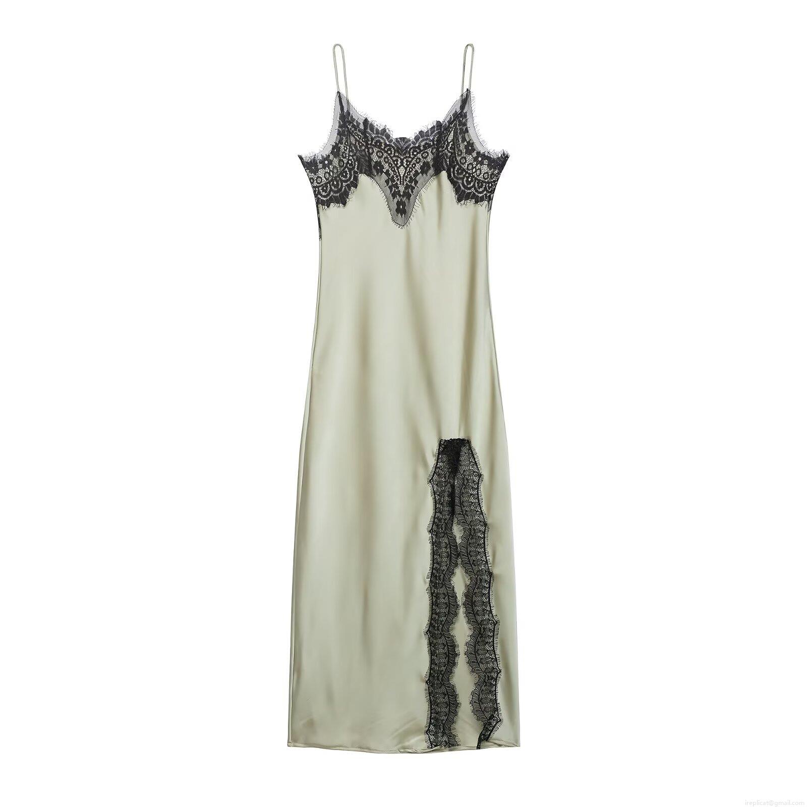 Women's Sexy Backless Satin Slip Dress With Black Lace Trim Side Slit Elegant Chic V-Neck Spaghetti Strap Sleeveless Party Banquet Maxi Dress